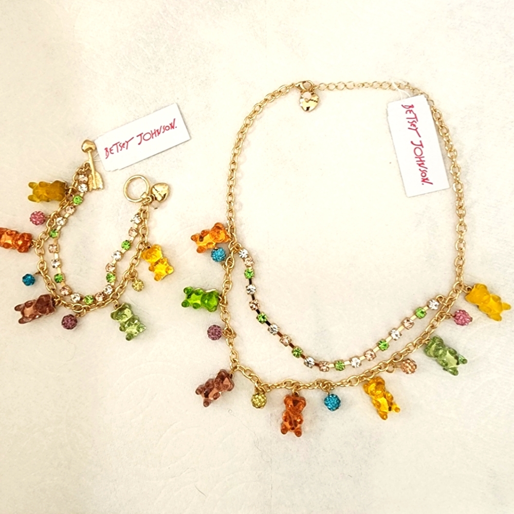 Betsey Johnson Gummy Bear Necklace and Bracelet Adorn By Rhinestones NWT